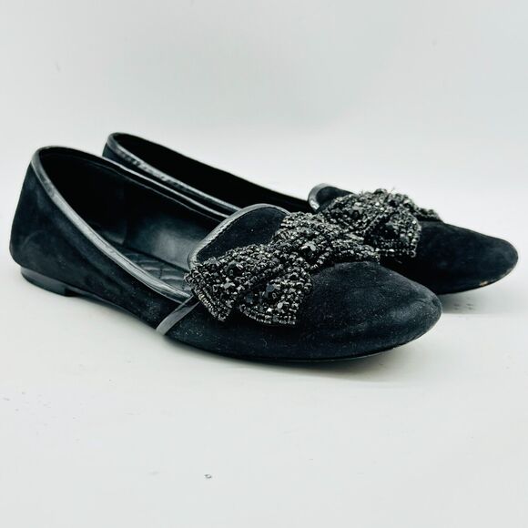 Tory Burch Shoes Womens 5.5 Black Suede Rhinestone Bow Smoking Carissa Flats - Picture 1 of 13